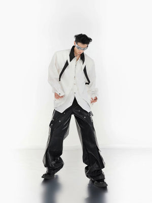 Deconstructed shirt showcasing the unique curved placket and contrast details