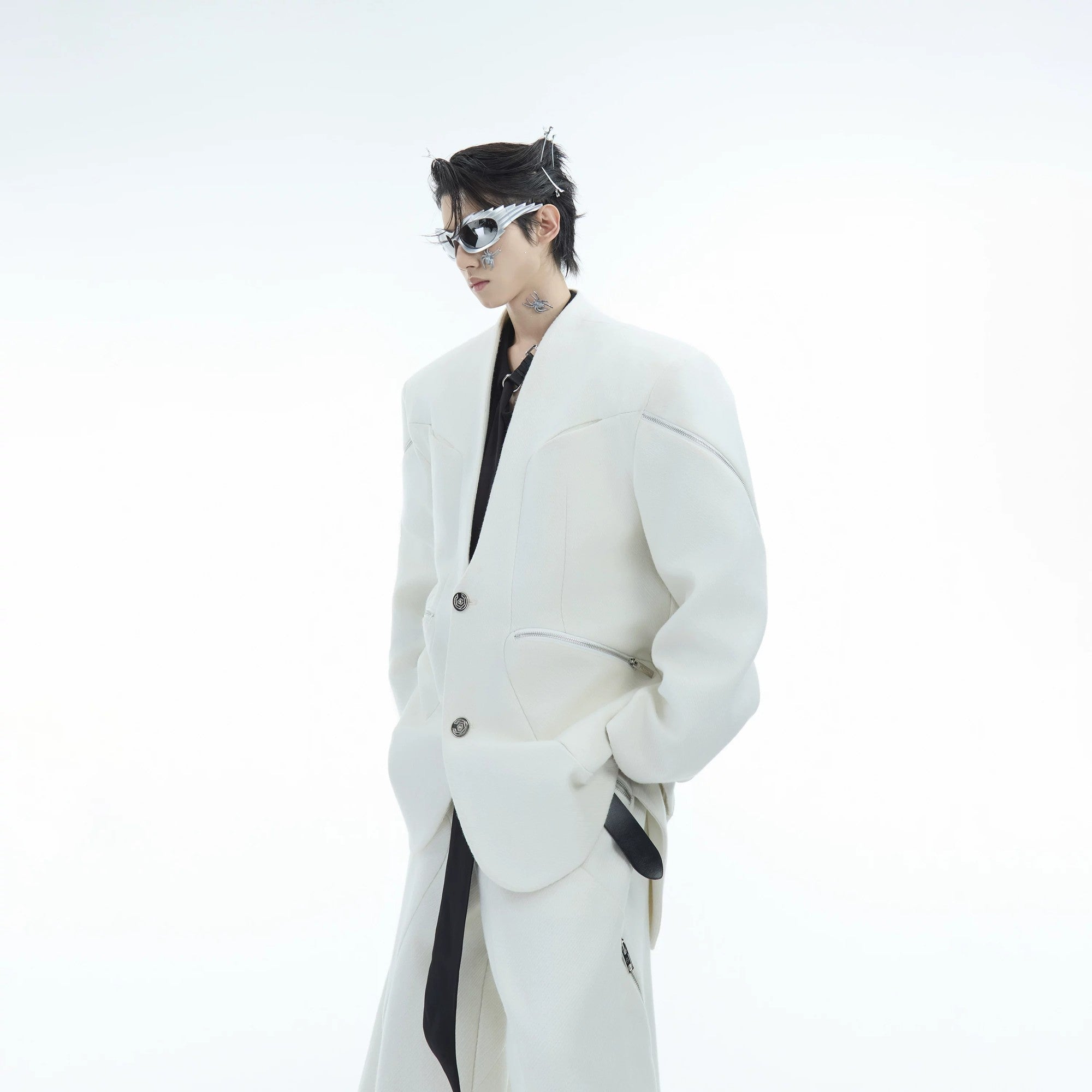 Men's deconstructed black blazer with double metal zipper design and collarless neck