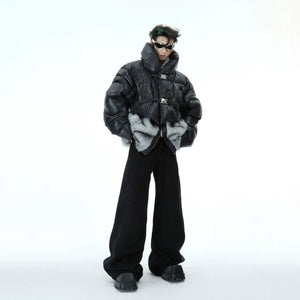 Lifestyle shot of a man wearing the white deconstructed padded jacket