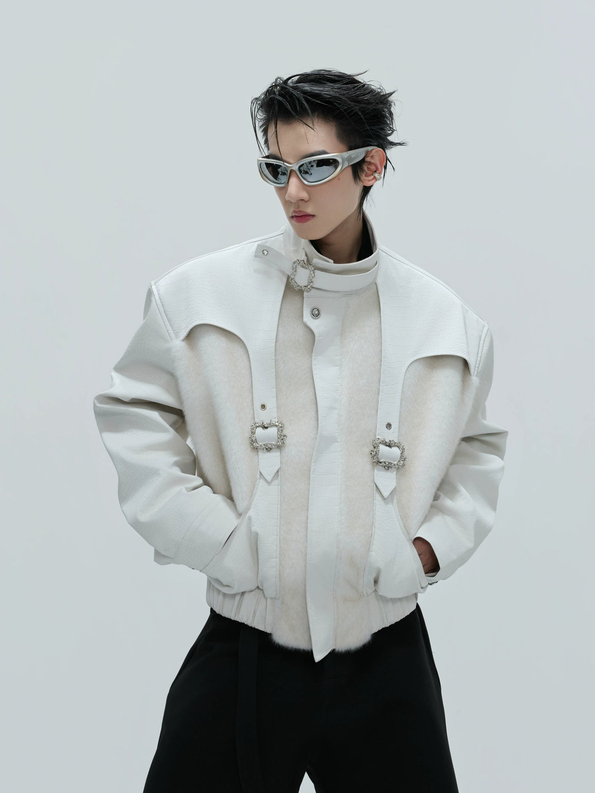 Deconstructed Faux-Leather Jacket With Plush Collar - main image 1