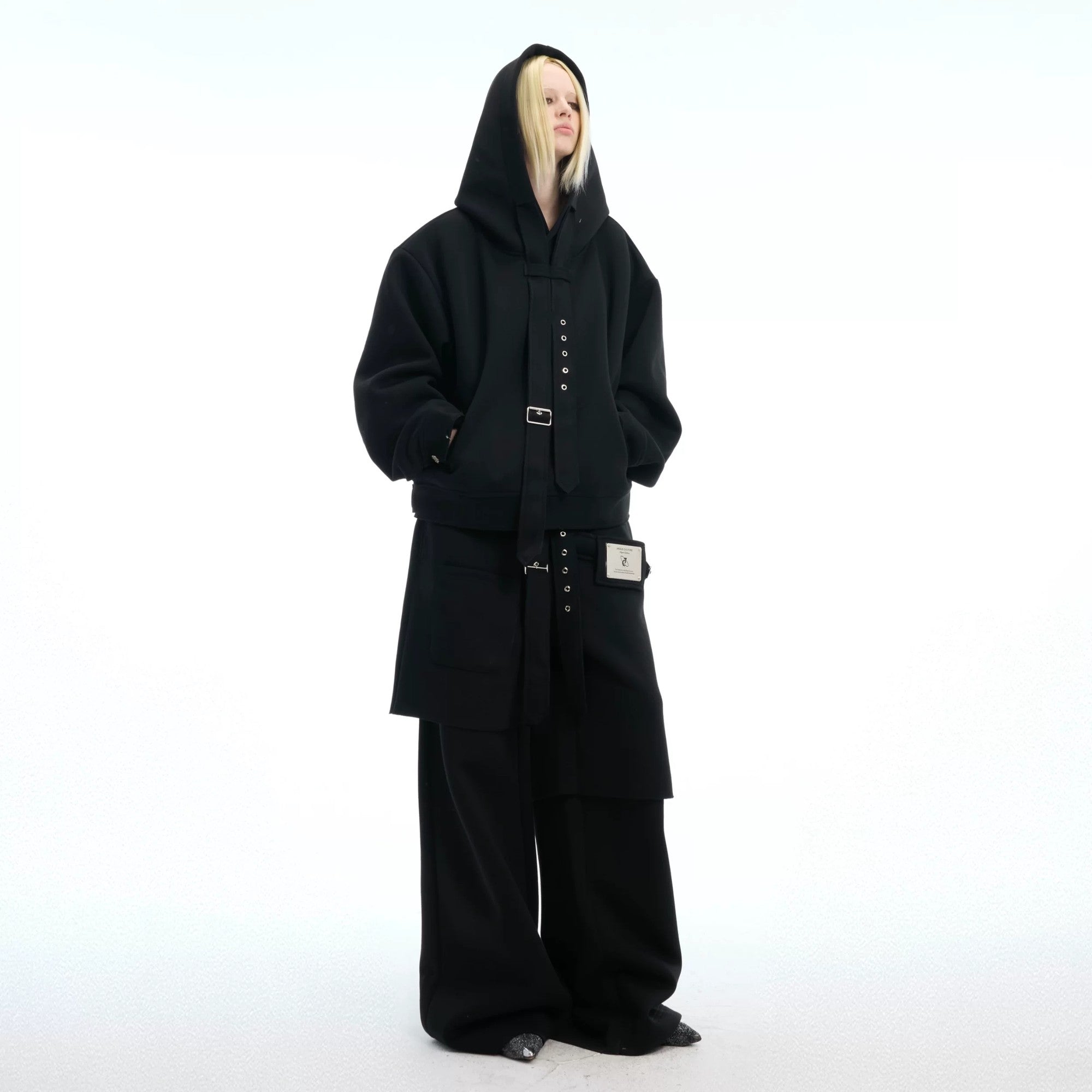 Black deconstructed faux two-piece hoodie and jogger set front view