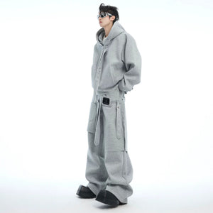 Close up of gray deconstructed ribbon detailing on streetwear hoodie