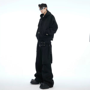 Side view of baggy black joggers with adjustable drawstring ribbons