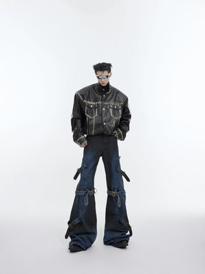 Back view of loose fit flare jeans featuring utility pockets and distressed edges.