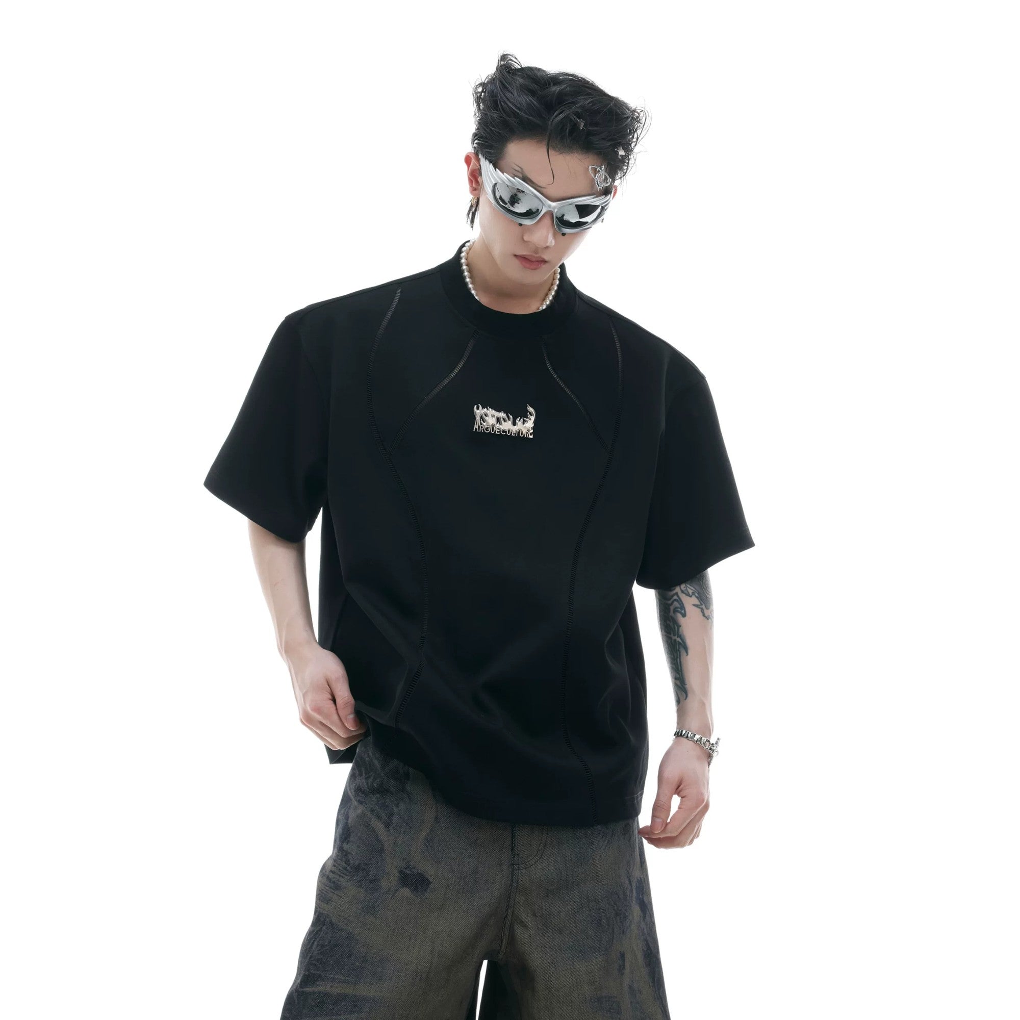 Front view of white deconstructed heavyweight boxy t-shirt with metal hardware