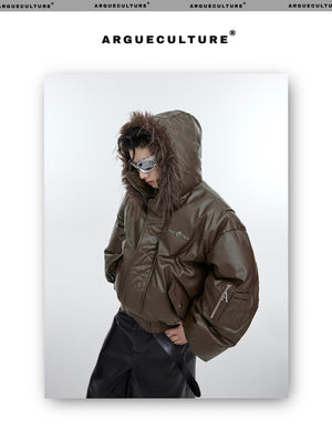 desc::deconstructed-hooded-faux-fur-leather-padded-jacket-detail-img-3