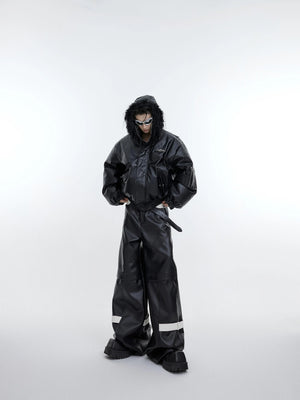 Lifestyle shot of model wearing deconstructed streetwear leather jacket