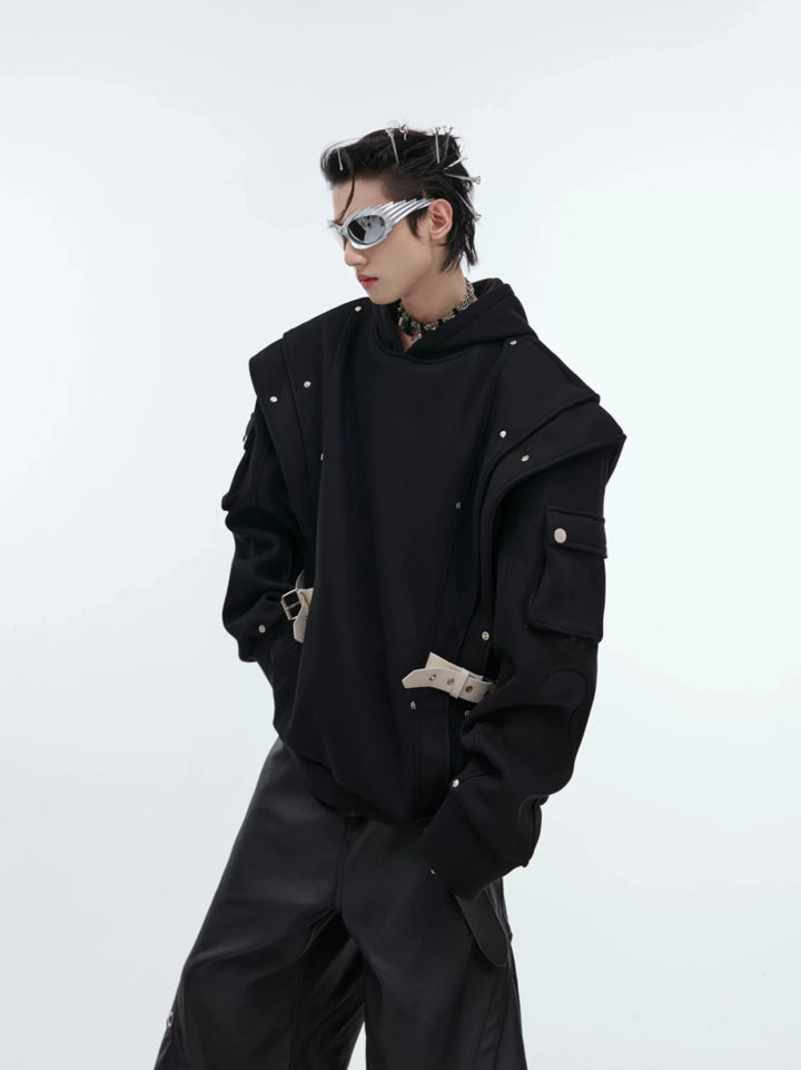 Deconstructed Layered Hooded Sweatshirt With PU Panel - main image 1