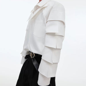 Close up of the fake two-piece layered lapel and metal hardware