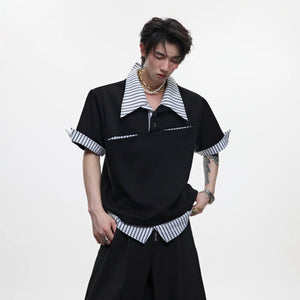 Front view of a men's deconstructed fake two-piece striped T-shirt