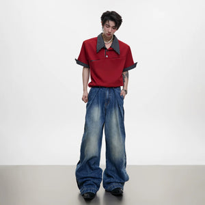 Back view of the loose fit red deconstructed t-shirt for summer