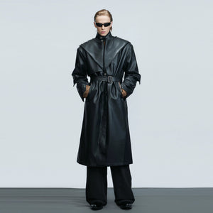 Oversized black deconstructed leather trench coat with stand collar