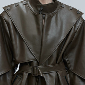 Back view of oversized long leather trench coat streetwear style