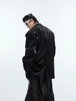 Men's oversized black liquid gloss blazer with deconstructed shoulder design