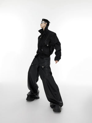 Back view of structured shoulder pad cropped jacket for men
