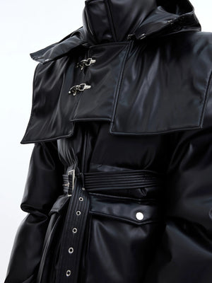 Front view of white futuristic deconstructed long padded jacket