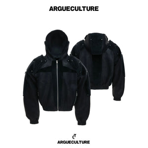Front view of black deconstructed matte waxed hooded leather jacket
