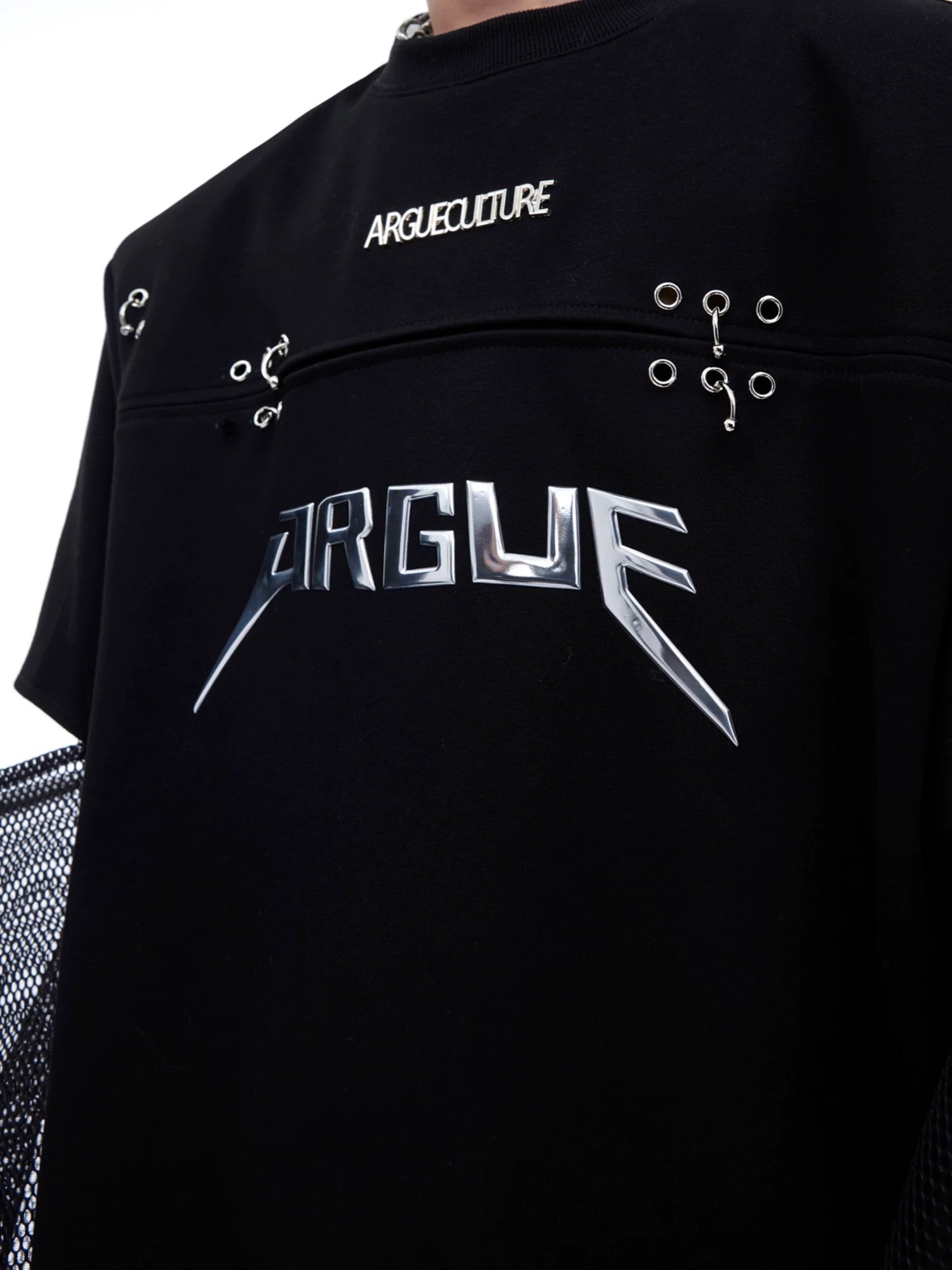 Close up of white faux two-piece shirt showing mesh splicing and metal hardware