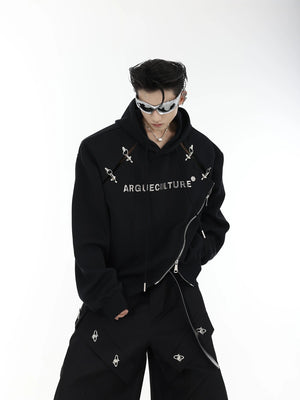 Front view of black deconstructed hoodie with metal airplane buckles and shoulder pads.