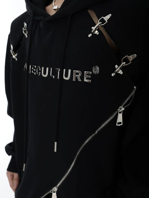 Close-up of heavy-duty metal airplane buckle hardware on cotton hoodie.