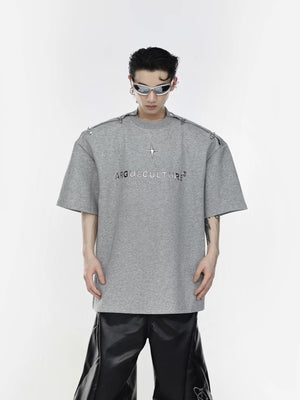 Model wearing deconstructed tee in off-the-shoulder style