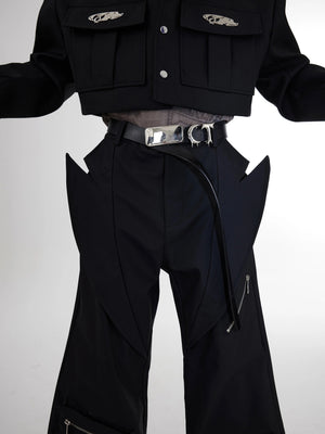 Back view of utility cargo flare pants showing the relaxed fit