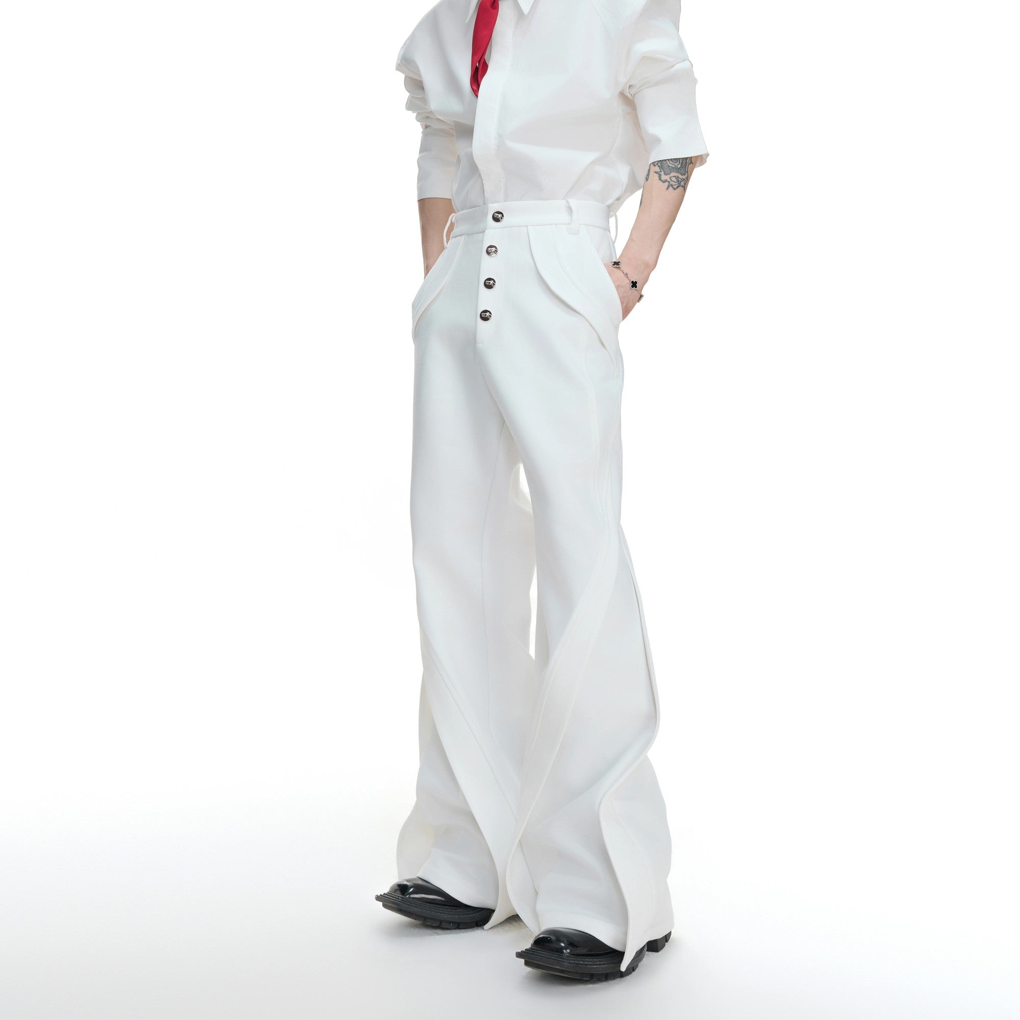 Black streetwear flare pants with patchwork stitching details