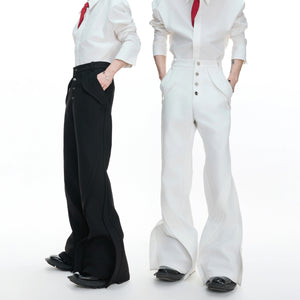 Back view of deconstructed micro-flare pants showing pocket detail