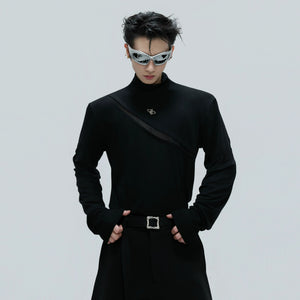 Front view of black deconstructed mock neck slim fit long sleeve t-shirt