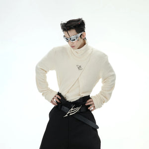 Men's deconstructed mock neck long sleeve in apricot with metal logo detail