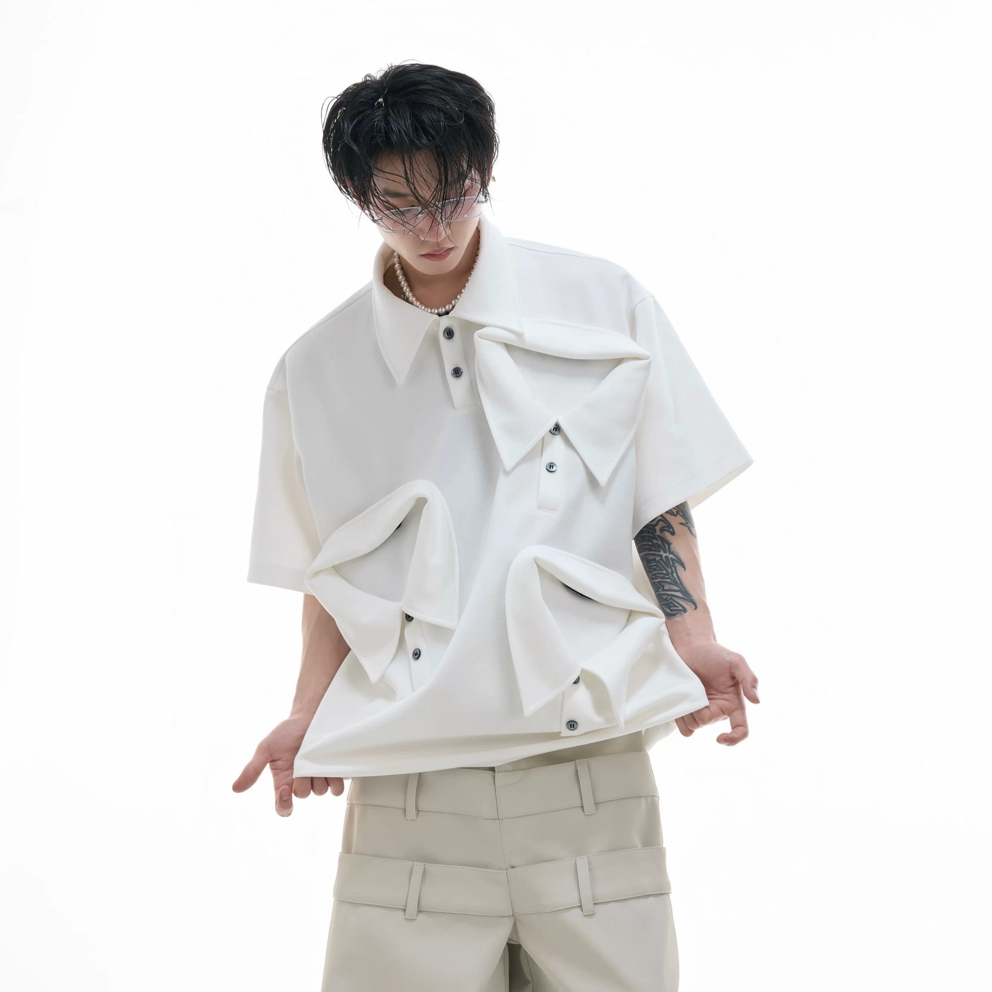 Black deconstructed multi-collar polo shirt front view in loose fit