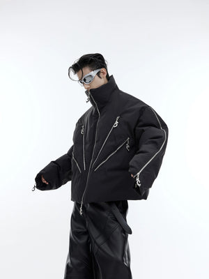 Front view of black deconstructed multi-zip puffer jacket for men