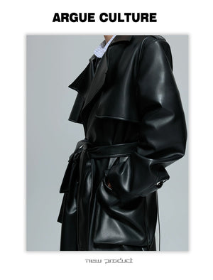 desc::deconstructed-padded-shoulder-leather-trench-coat-detail-img-3