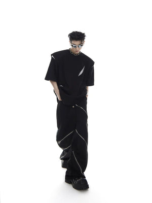 Flat lay of white and black futuristic deconstructed cotton T-shirts