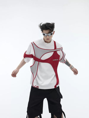 Front view of a deconstructed padded shoulder streetwear t-shirt in black