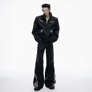 Back profile of the unisex patchwork streetwear set in black