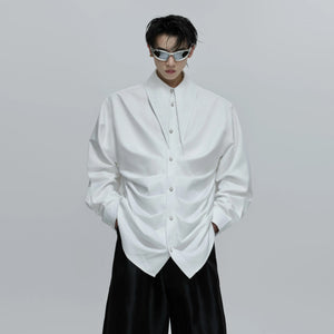 Front view of white deconstructed pleated shirt with scarf collar