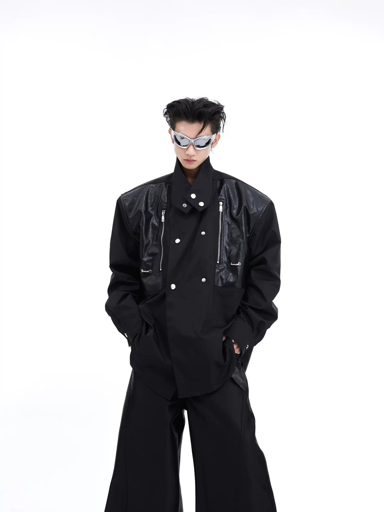 Front view of men's deconstructed PU leather shirt jacket in black