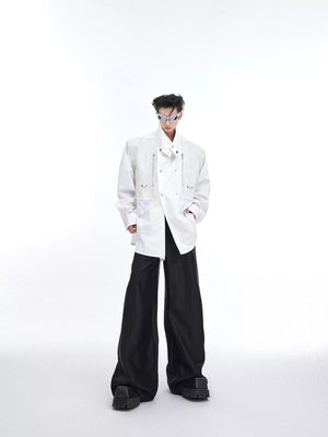 Model wearing deconstructed shirt showing padded shoulder silhouette