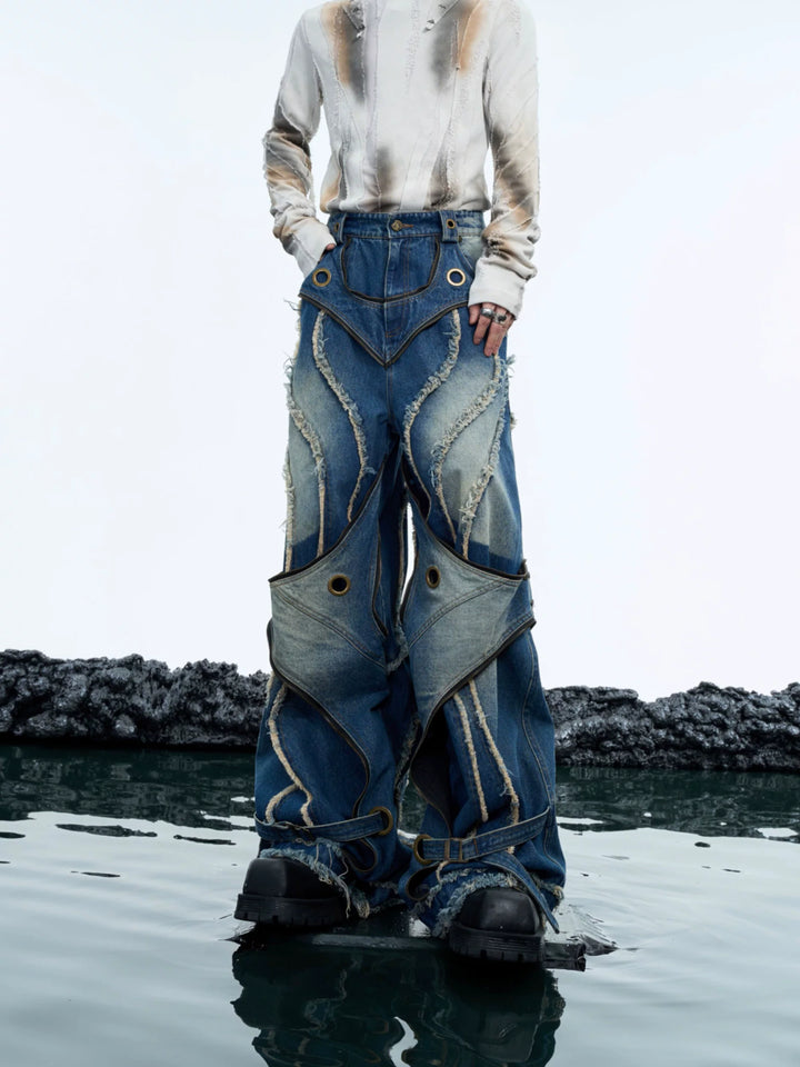 Deconstructed Raw-Edge Wide-Leg Denim Jeans - main image 1