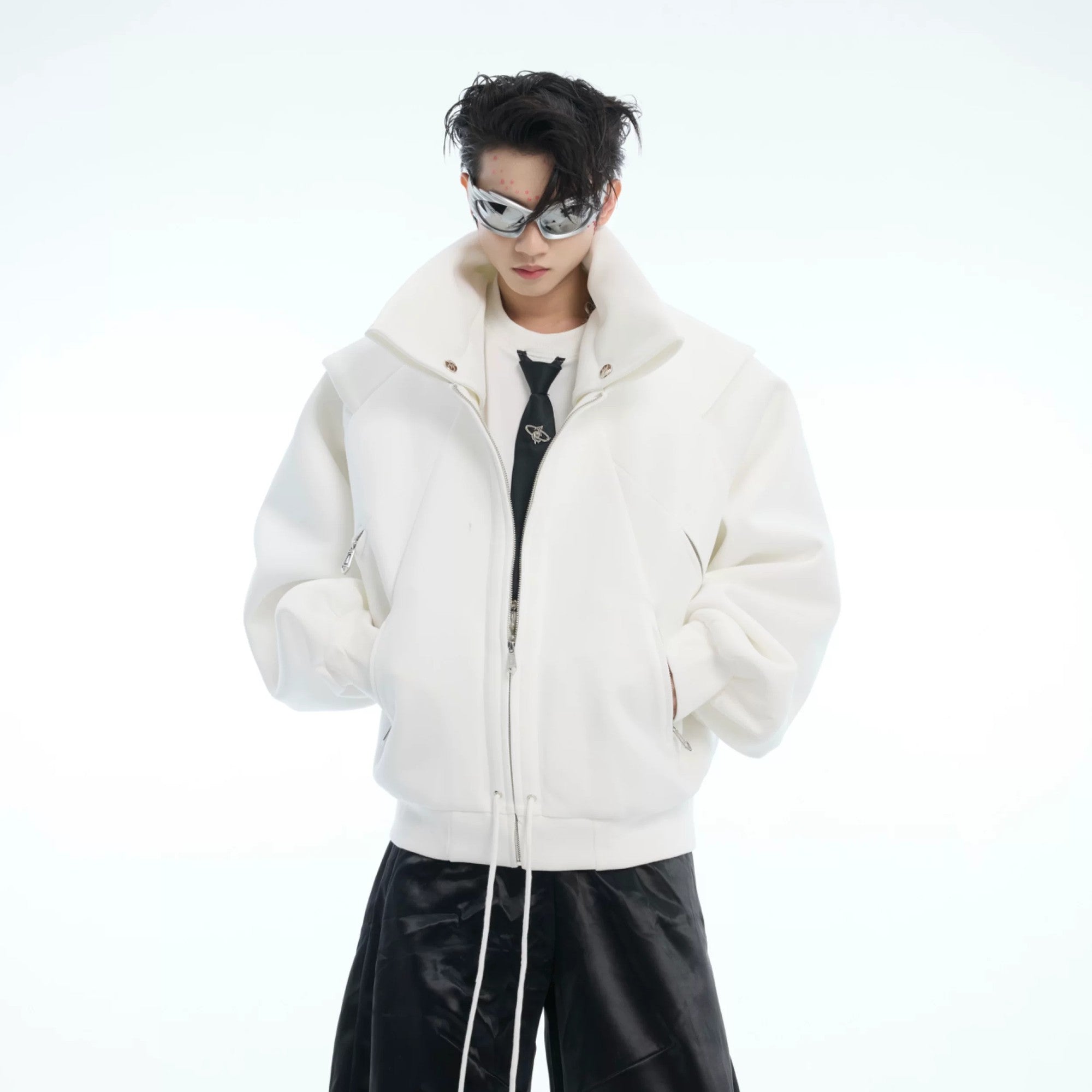 Black heavyweight deconstructed shawl hoodie cardigan front view