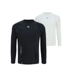 Black deconstructed slim fit thermal tee with leather patch detail