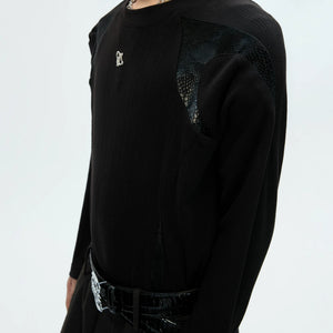 White ribbed long sleeve shirt with genuine leather shoulder accents