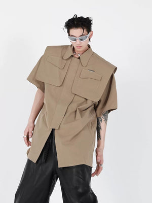 Model wearing loose fit deconstructed cardigan in urban setting