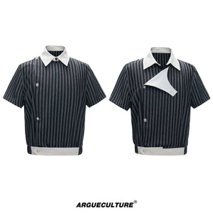Deconstructed Striped Shirt & Pants With Embroidery - Black Top