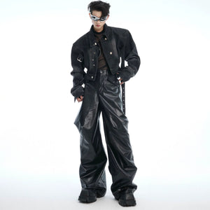 Back view of the boxy fit deconstructed denim jacket