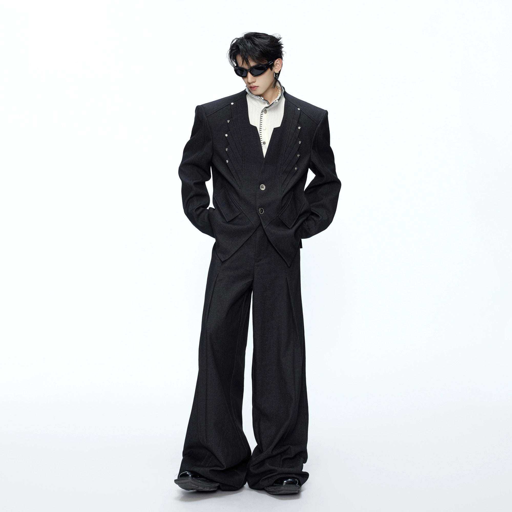 Men's deconstructed wool blend blazer and pants set in black