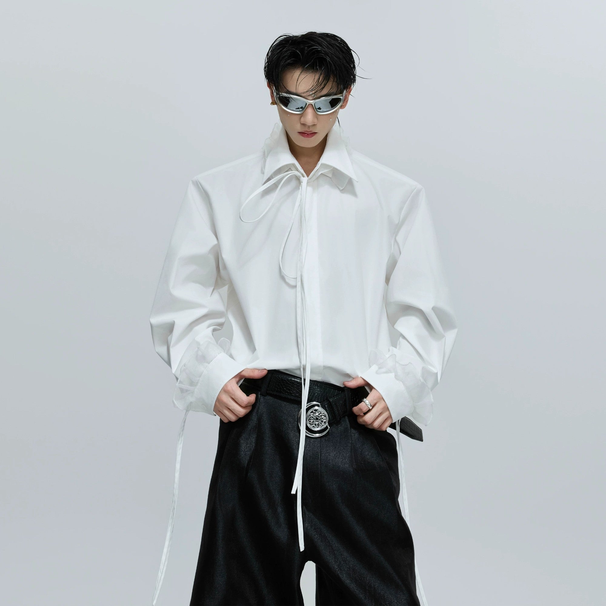 White oversized unisex shirt with lace ribbon details and stand collar