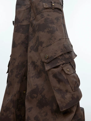 Yellow distressed cargo pants with vintage wasteland aesthetic