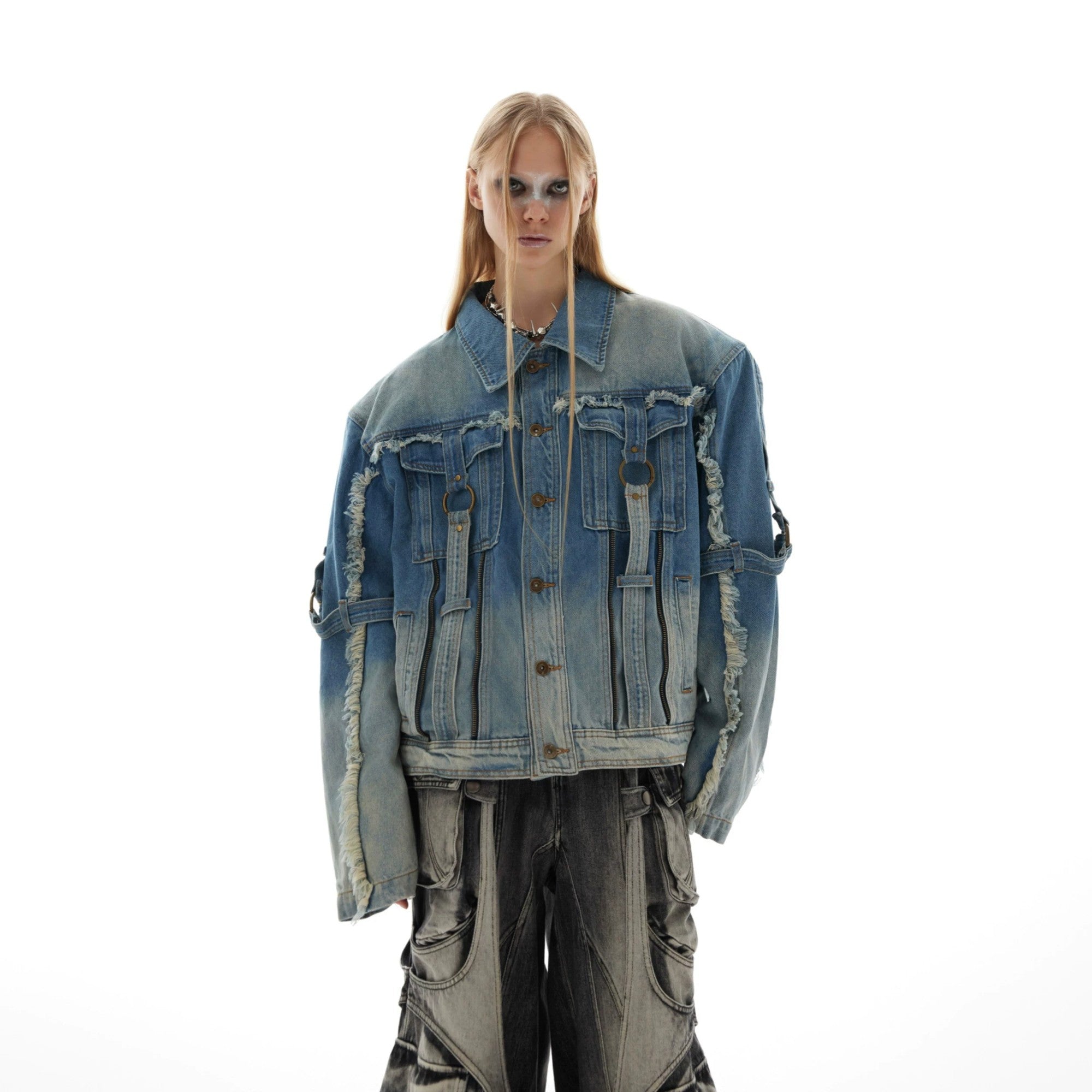 Back view of loose fit streetwear denim jacket with raw edges